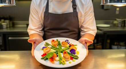 European chef with gray apron, alone holding colorful gourmet dish with edible flowers