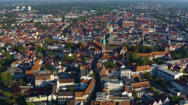 Aerial panoramic view of the old town city Augsburg in Germany, Bavaria on a sunny spring day