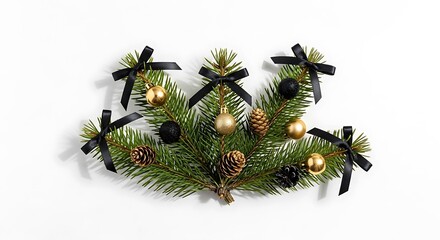 A festive arrangement of evergreen branches adorned with black bows, gold and black baubles, and pinecones.