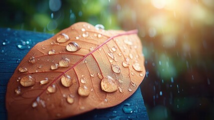 Delicate raindrops clinging to autumn leaf, a serene moment capturing nature's beauty and the tranquility of a rainy day in a peaceful outdoor setting