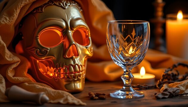 a halloween themed table setting featuring a mask that resembles a skull, illuminated by candles, with a wine glass nearby.