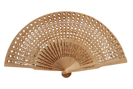 Light-brown wooden hand fan, intricate carved design