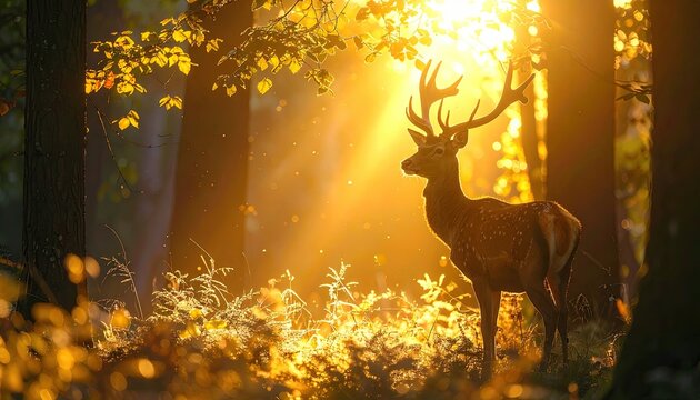 Majestic Stag Stands Silhouetted Against Golden Sunbeams Filtering Through Autumn Forest Trees with Floating Dust Motes