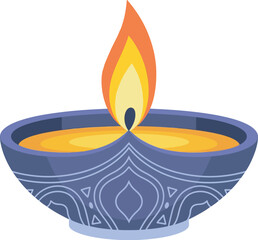 burning candle illustration in ceramic bowl with flame and light design