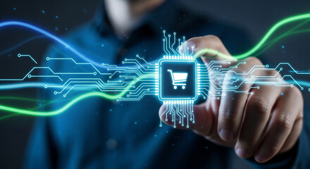 Person touching glowing chip with shopping cart icon and circuit board design with blue and green waves