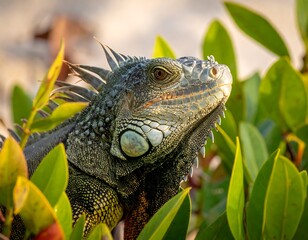 Obraz premium Close-up shot of an iguana's head peering out from green foliage