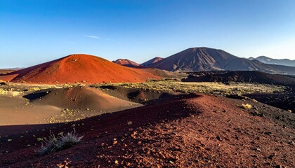 Volcanic landscape with red and black craters under a clear blue sky during daylight with sparse vegetation and rocky terrain creating a stark natural environment