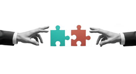 Two hands placing puzzle pieces together, symbolizing teamwork and collaboration isolated on transparent background
