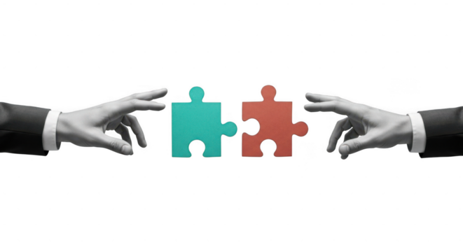 Two hands placing puzzle pieces together, symbolizing teamwork and collaboration isolated on transparent background