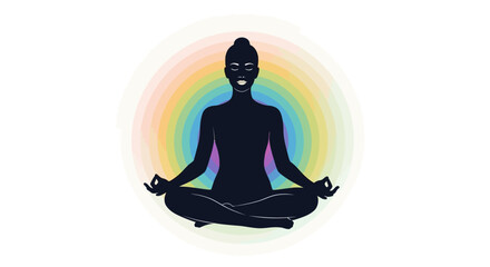 Silhouette of a woman in lotus position meditating with rainbow aura for wellness concept