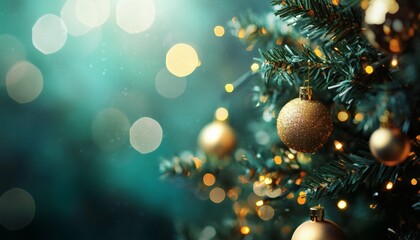 Glimmering gold ornaments adorn a lush green christmas tree, illuminated by warm string lights against a teal background