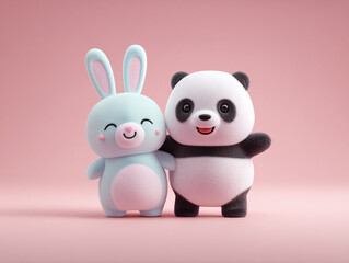 Obraz premium Cute panda and rabbit characters standing together, showcasing joyful friendship in soft, pastel colored setting