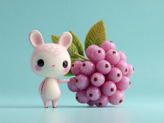 Cute character standing beside cluster of pink grapes, showcasing playful and whimsical design. vibrant colors create cheerful atmosphere