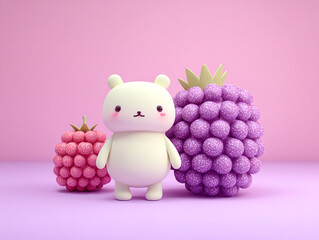 Cute character standing beside large and small berries in playful, colorful setting. scene evokes joy and whimsy