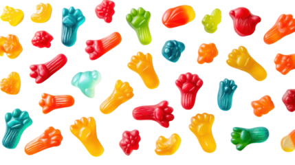 Gummy Candy Animal Paws and Bones in Vibrant Colors on Transparent Background