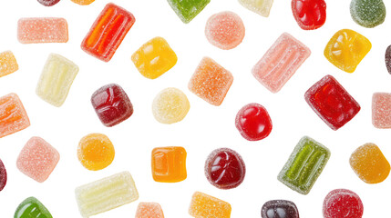Display of Mixed Sour Candies and Gummies Spread Randomly on Transparent Background
