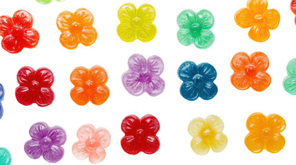 Rainbow Colored Flower Shaped Gummy Candy on Transparent Background