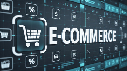 A digital interface with e commerce text and shopping cart icons on a dark blue background display