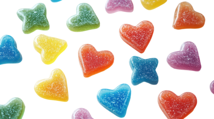 Colorful heart shaped gummy candies scattered isolated on transparent background