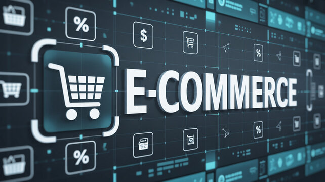 A digital interface with e commerce text and shopping cart icons on a dark blue background display
