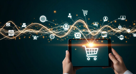 Hands holding tablet displaying a shopping cart with connected global network icons around it