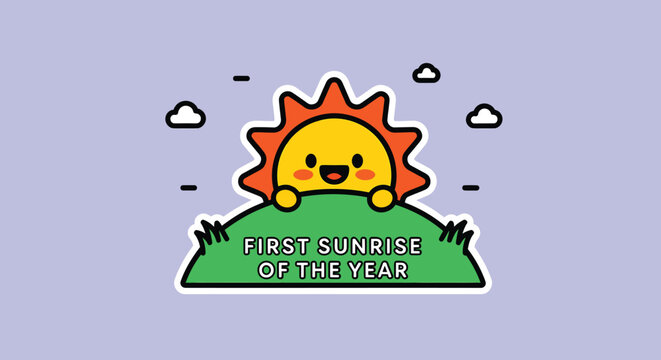 Smiling sun peeks over green hill on a bright day, celebrating the first sunrise of the year with a cheerful and optimistic vibe.