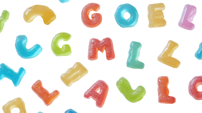 Colorful gummy alphabet letters isolated on transparent background