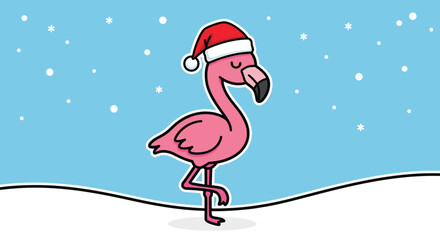 Pink flamingo wearing santa hat stands in snowy landscape, celebrating christmas with festive cheer and whimsical holiday spirit.