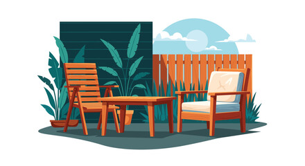 Relaxing outdoor patio setting with wooden furniture and vibrant green plants, perfect for summertime gatherings and tranquil moments under a bright sky