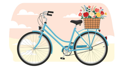 Charming blue bicycle with basket overflowing with vibrant flowers, perfect for spring designs or whimsical lifestyle content conveying joy and simple pleasures
