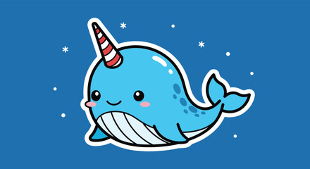 Obraz premium Cute blue narwhal swimming in the deep ocean with small stars twinkling around it, creating a whimsical and magical scene.