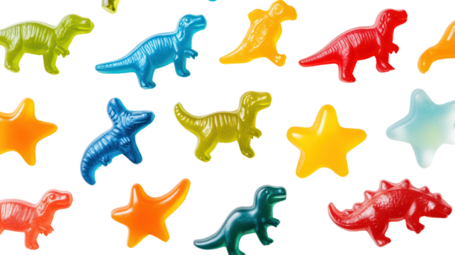 Assortment of colorful gummy dinosaurs and stars isolated on transparent background
