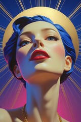 Celestial Glamour: Vibrant Art Deco Pop Art Portrait of a Woman with Radiant Golden Aura