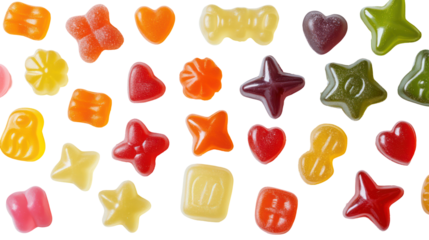 Assortment of colorful gummy candies isolated on transparent background