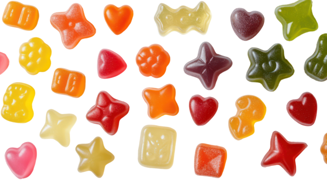 Assortment of colorful gummy candies in various shapes isolated on transparent background