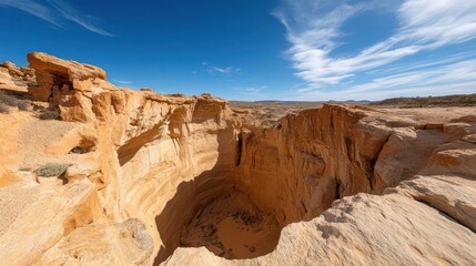 Dramatic sandstone formations create a stunning geological landscape with a deep canyon and