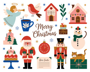 Merry Christmas Vector Illustration Set with Santa Claus, Angel, Nutcracker, Snowman, Christmas Tree, Gifts, Houses, and Festive Holiday Elements in Flat Design