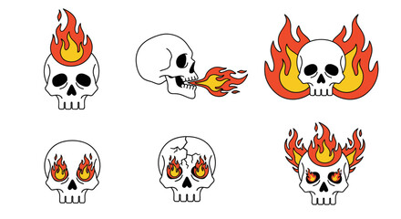 Obraz premium Six skull illustrations with flames, some on the head, some from the mouth, and some in the eye sockets.