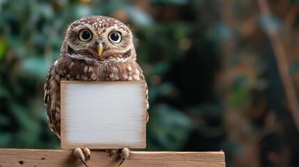 Adorable owl holding a blank sign perfect for your message or promotional material with space