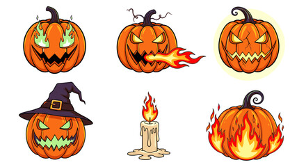 Collection of Halloween pumpkin illustrations with various scary faces, candle, and witch hat on a white background.