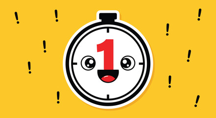 Cartoon stopwatch character displaying number one surrounded by exclamation marks on bright yellow backdrop conveys urgency and countdown theme.