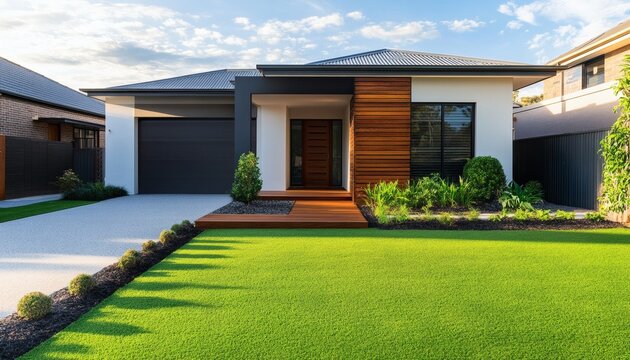 Modern house with dark gray roof and wooden accents