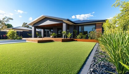 Modern house with wooden deck and artificial turf lawn
