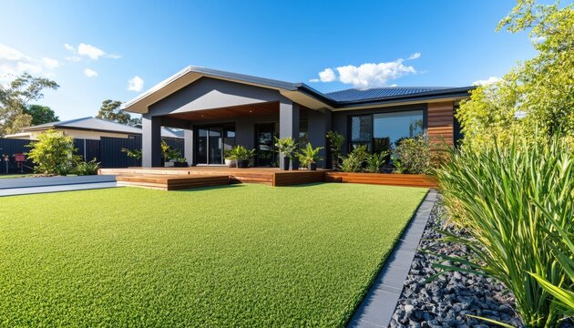 Modern house with wooden deck and artificial turf lawn