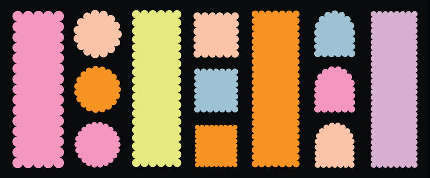 Zig zag wavy shape frames. Wavy circular, round and rectangular shape elements set. Scallop squiggly borders frame collection. Vector illustration. 