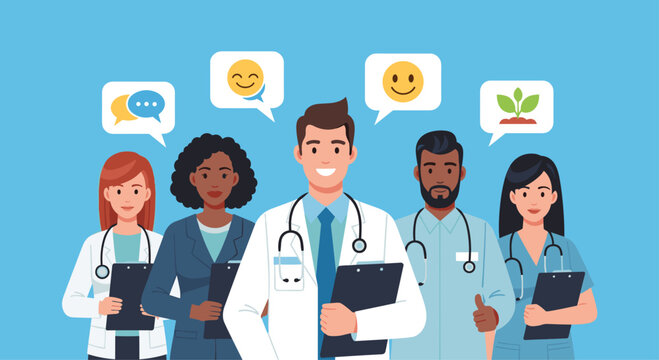 Diverse team of friendly doctors and nurses offering innovative healthcare solutions and compassionate care for a healthier, happier community atmosphere