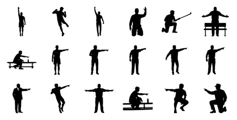Silhouettes of athletes and men in various poses people