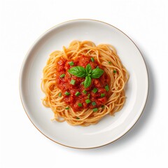 Pasta plate with tomato sauce and basil isolated on white background