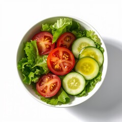 Bowl of fresh salad with lettuce, tomato, cucumber, and olive oil isolated on white background.