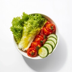 Bowl of fresh salad with lettuce, tomato, cucumber, and olive oil isolated on white background.